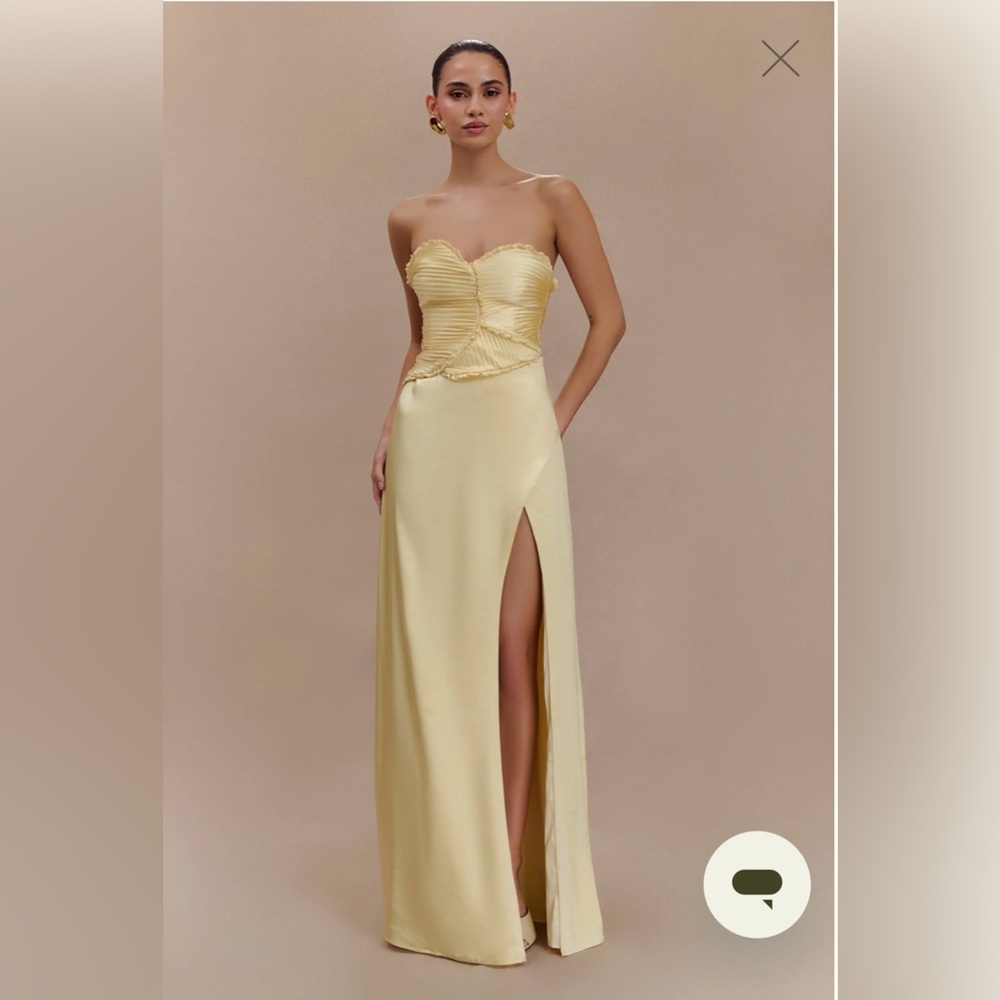Meshki Strapless Pale Yellow Satin Gown with Thigh Slit